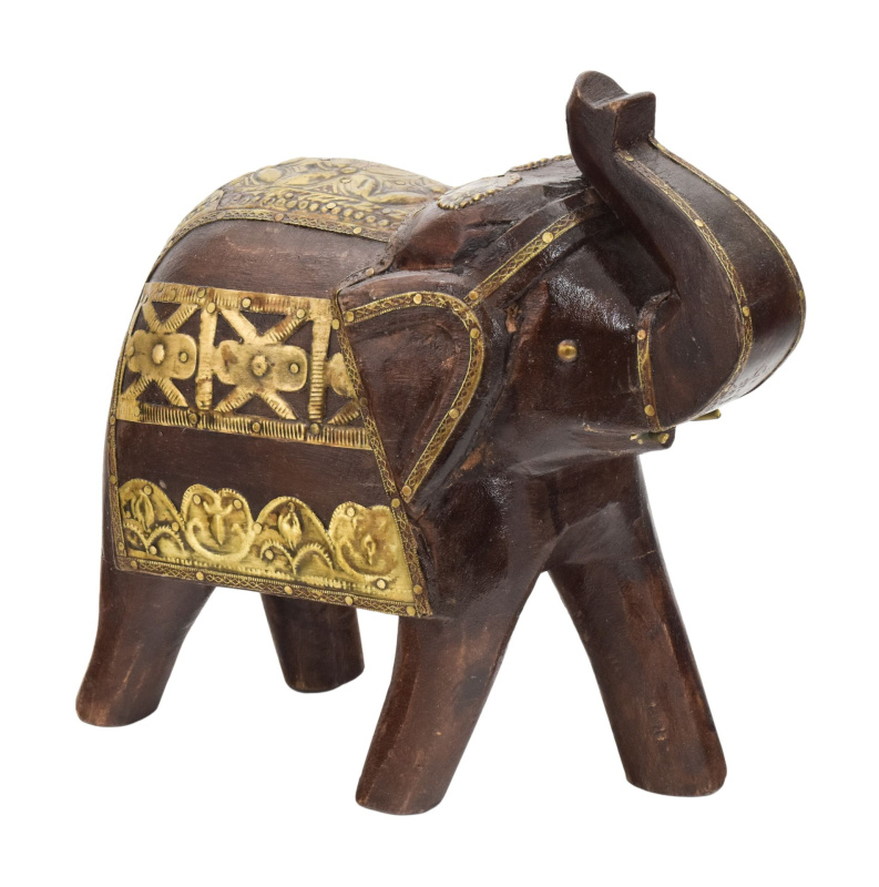 Sanu Babu Dřevěný slon, zdobený mosazí, 21cm (4D)