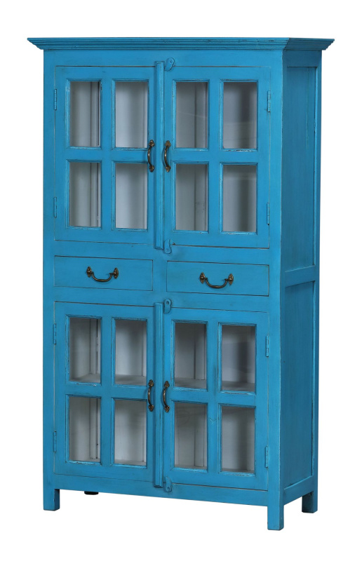 Sanu Babu Prosklená skříň z teakového dřeva, tyrkysová patina, 93x42x160cm