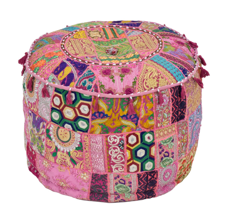 Sanu Babu Taburet z Rajasthanu s bohatou Ari výšivkou, průměr 53cm výška 40cm patchwork (BF)