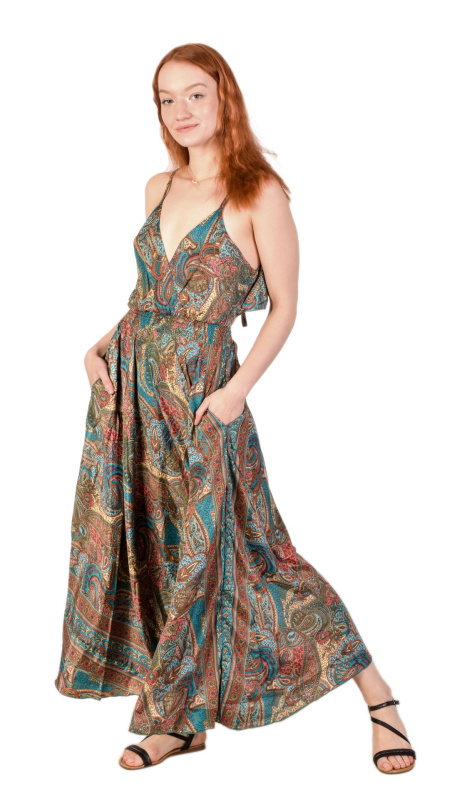 Sanu Babu Dlouhé šaty na ramínka s kapsami, modro-růžové s paisley potiskem FREE , Modrá