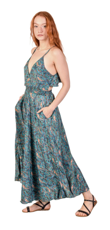 Sanu Babu Dlouhé šaty na ramínka s kapsami, modré s paisley potiskem FREE , Modrá