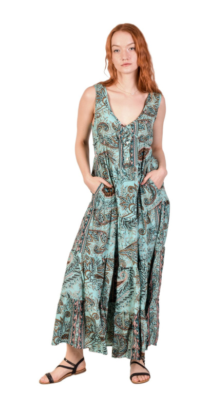 Sanu Babu Dlouhé šaty bez rukávů s kapsami, modro-hnědé s  potiskem FREE , Modrá