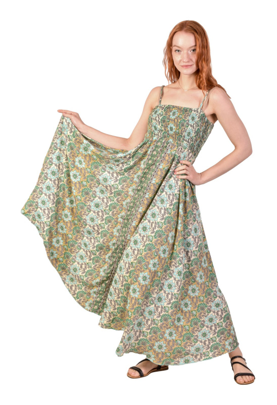 Sanu Babu Dlouhé šaty na ramínka se žabičkováním, zelené s květinovým potiskem FREE , Zelená