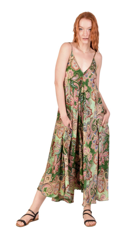 Sanu Babu Dlouhé šaty na ramínka s kapsami, zelené s paisley potiskem FREE , Zelená