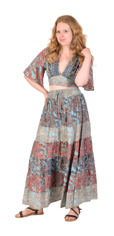 Sanu Babu Dlouhé dvoudílné šaty s krátkým rukávem, modro-růžové, guma v pase, potisk (AF) XL , Modrá