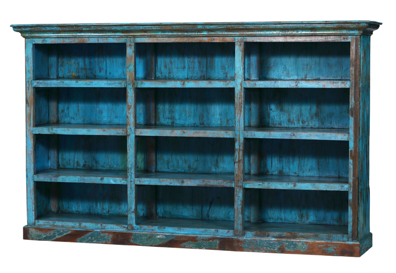 Sanu Babu Knihovna z teakového dřeva, tyrkysová patina, 280x58x170cm