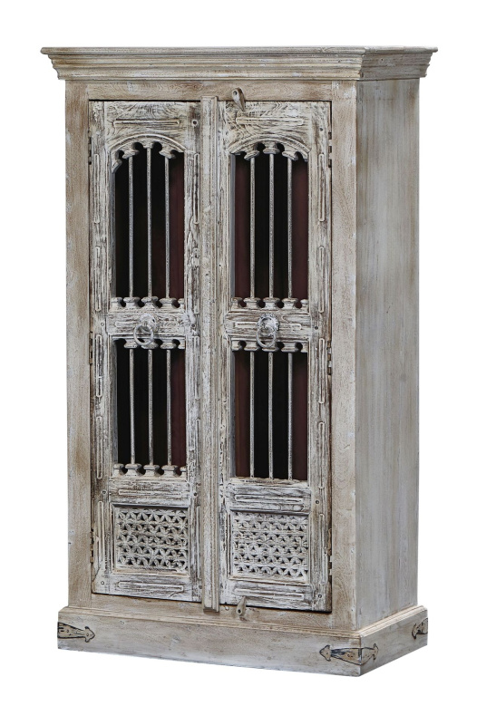 Sanu Babu Skříň z teakového dřeva, mříž, bílá patina, 86x43x147cm
