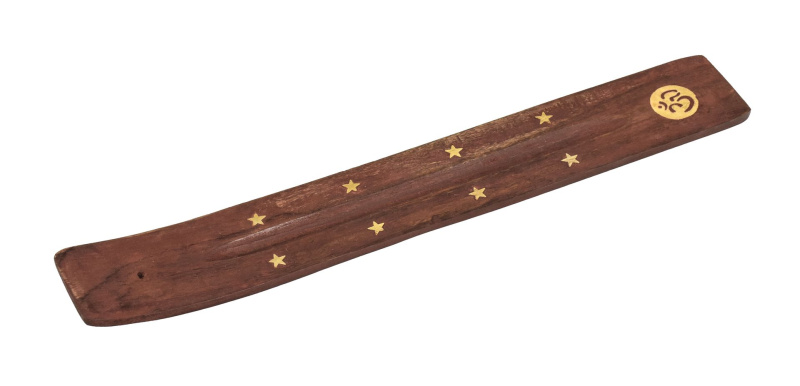 Sanu Babu Dřevěný stojánek na vonné tyčinky, Óm, vykládaný kovem, 25cm