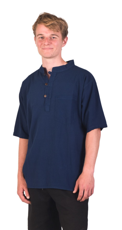 Sanu Babu Tmavě modrá pánská košile-kurta s krátkým rukávem a kapsičkou, 3 knoflíky XXL , Modrá