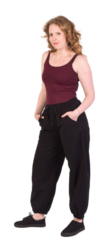 Sanu Babu Unisex balonové kalhoty bavlněné černé, kapsy, guma a šňůrka v pase M , Černá