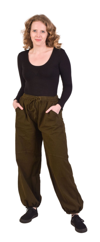 Sanu Babu Unisex balonové kalhoty bavlněné khaki zelené, kapsy, guma a šňůrka v pase XL , Zelená