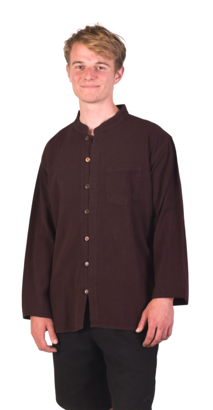 Sanu Babu Hnědá pánská košile-kurta s dlouhým rukávem a kapsičkou, celorozepínací XL , Hnědá