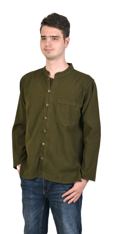 Sanu Babu Khaki zelená pánská košile-kurta s dlouhým rukávem a kapsičkou, celorozepínací XXL , Zelená