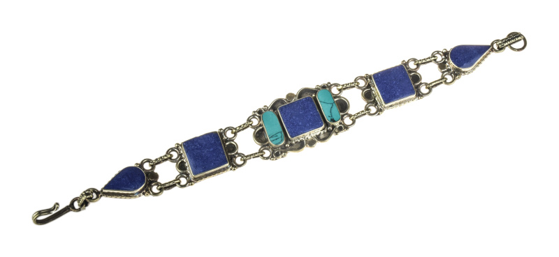 Sanu Babu Nepálský náramek vykládaný tyrkenitem a lápis lazuli, šíře 25mm, délka 19cm, kov (3E)