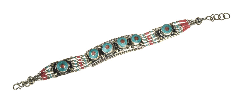 Sanu Babu Nepálský náramek vykládaný tyrkenitem a korálem, šíře 13mm, délka 18cm, kov
