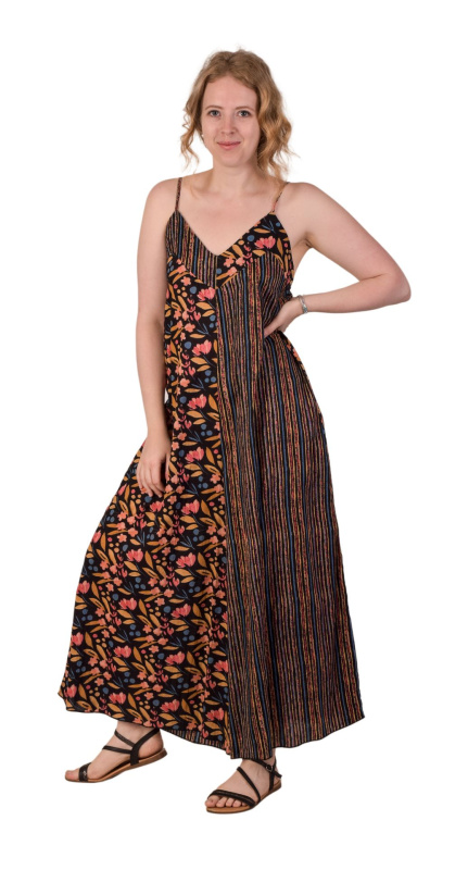 Sanu Babu Kalhotové šaty na ramínka, černé s barevným potiskem S/M