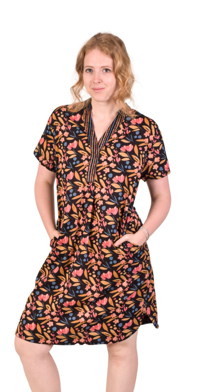 Sanu Babu Krátké šaty s krátkým rukávem a barevným potiskem, kapsy (1D) L/XL , Černá