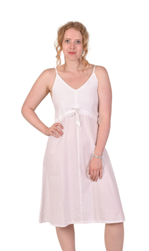 Sanu Babu Bílé šaty na tenká ramínka, midi délka, žabičkování na zádech, šňůrka v pase L/XL , Bílá