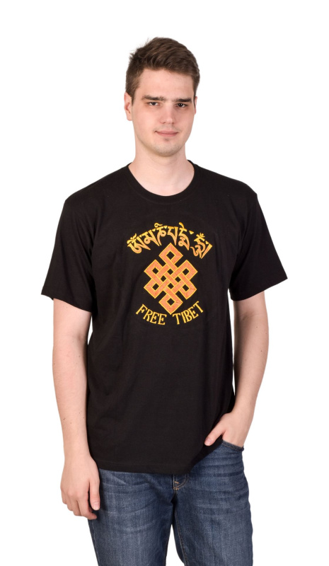 Sanu Babu Tričko s krátkým rukávem, černé, výšivka nekonečný uzel Free Tibet 46 , Černá
