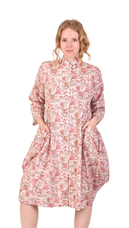 Sanu Babu Šaty s dlouhým rukávem a kapsami, propínací, růžový potisk květin L/XL , Růžová