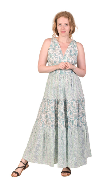 Sanu Babu Dlouhé šaty na ramínka, s volánem a tyrkysovým potiskem květin S/M , Tyrkysová