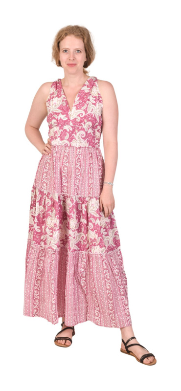 Sanu Babu Dlouhé šaty na ramínka, s volánem, růžové s potiskem květin S/M , Růžová