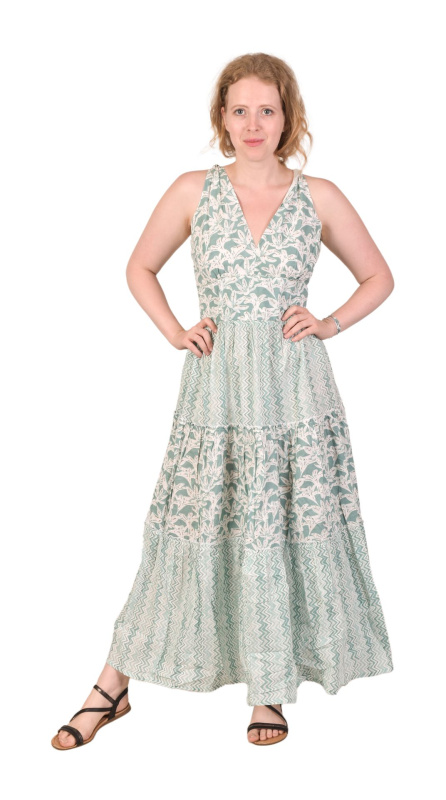 Sanu Babu Dlouhé šaty na ramínka, s volánem, zelené s potiskem květin L/XL , Zelená