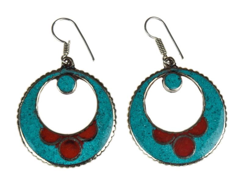 Sanu Babu Nepálské visací naušnice vykládané tyrkenitem a korálem, délka 50mm, kov (5B)