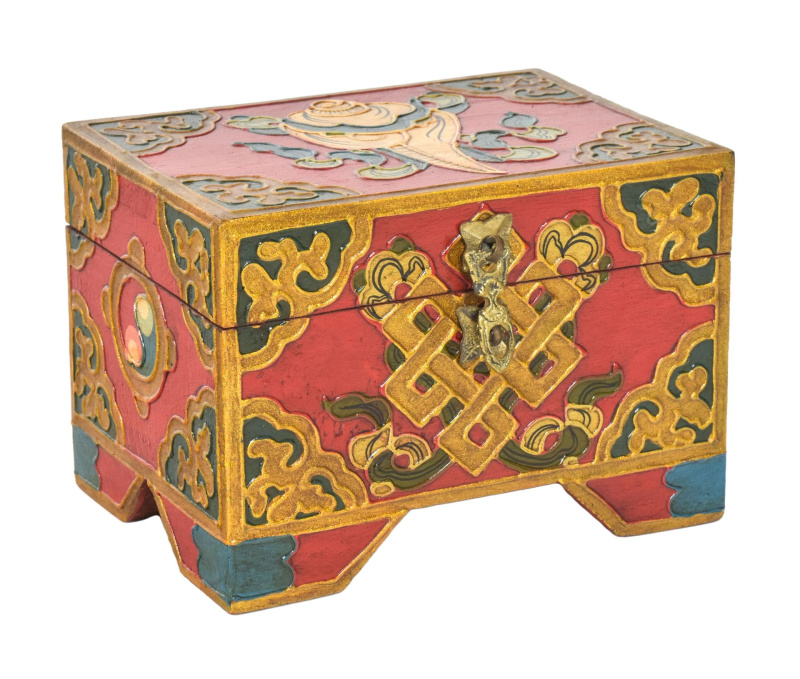 Sanu Babu Dřevěná šperkovnice ručně malovaná, buddhistické motivy, 15x11x11cm (4B)