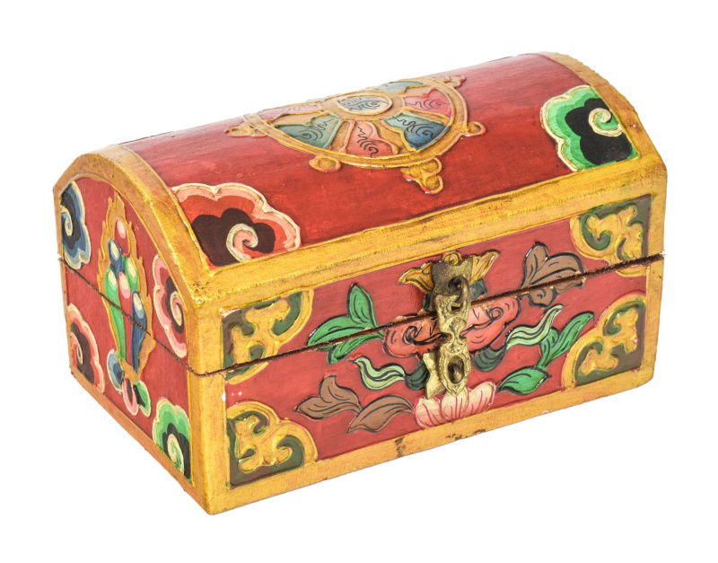 Sanu Babu Dřevěná šperkovnice ručně malovaná, buddhistické motivy, 15x10x9cm (6B)