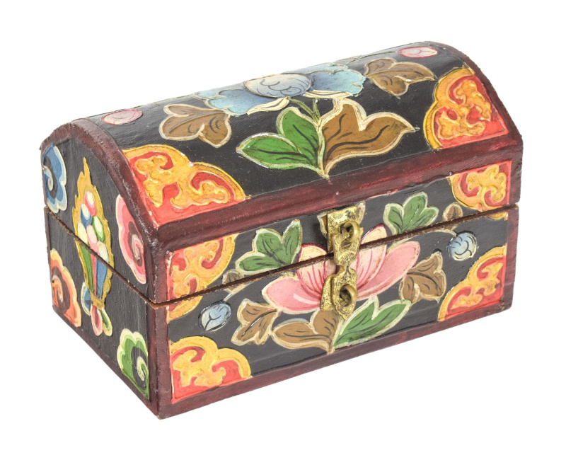 Sanu Babu Dřevěná šperkovnice ručně malovaná, buddhistické motivy, 15x10x9cm (6C)