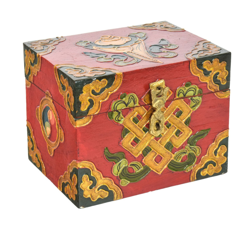 Sanu Babu Dřevěná šperkovnice ručně malovaná, buddhistické motivy, 13x10x10cm (1F)
