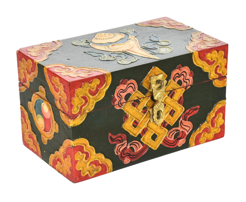 Sanu Babu Dřevěná šperkovnice ručně malovaná, buddhistické motivy, 15x10x9cm (1J)