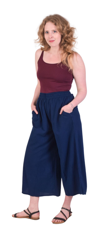 Sanu Babu Pohodlné volné tmavě modré tříčtvrteční kalhoty, guma v pase a kapsy S/M , Modrá