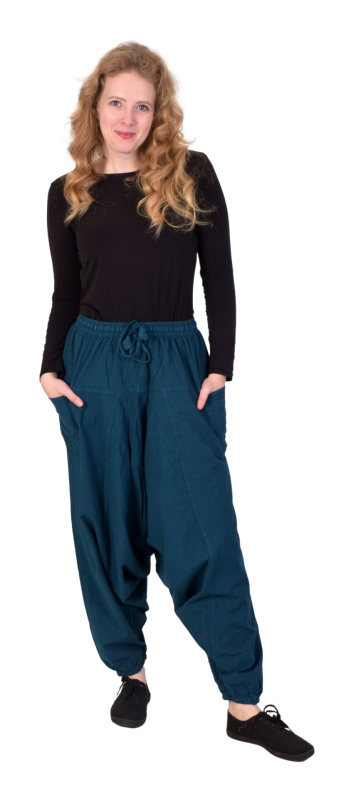 Sanu Babu Turecké petrolejově modré kalhoty, unisex, kapsy, šňůrka a guma v pase L/XL , Modrá