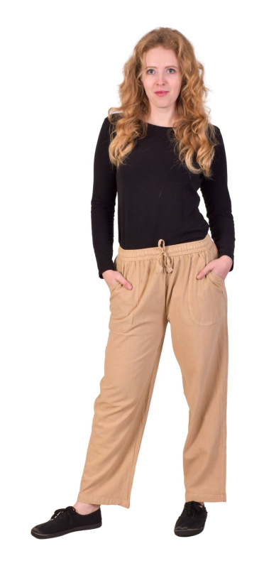 Sanu Babu Unisex volné kalhoty bavlněné béžové, kapsy, guma a šňůrka v pase M , Béžová