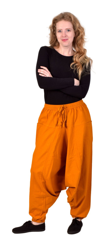 Sanu Babu Turecké hořčicově žluté kalhoty, unisex, kapsy, šňůrka a guma v pase S/M , Žlutá