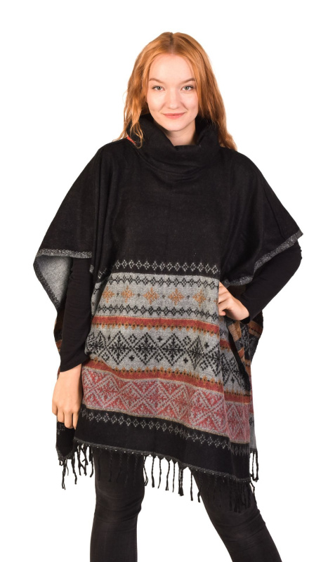 Sanu Babu Krátké vzorované pončo s límcem a třásněmi FREE , Černá