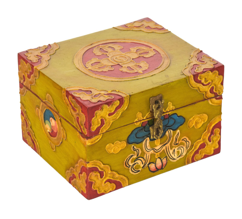 Sanu Babu Dřevěná šperkovnice ručně malovaná, buddhistické motivy, 14x12x9cm