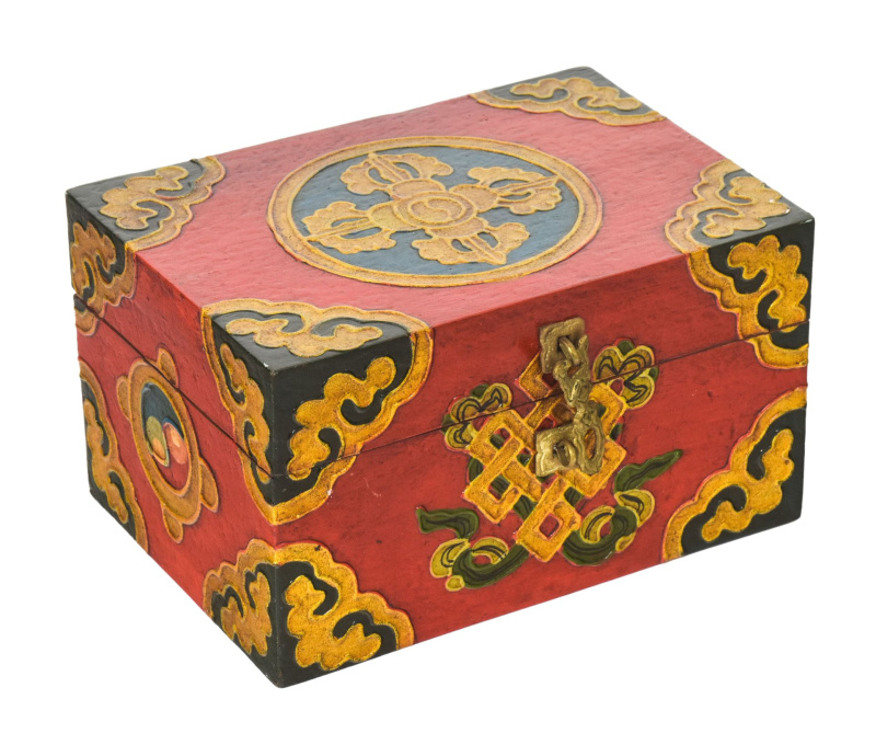 Sanu Babu Dřevěná šperkovnice ručně malovaná, buddhistické motivy, 15x11x9cm (7J)