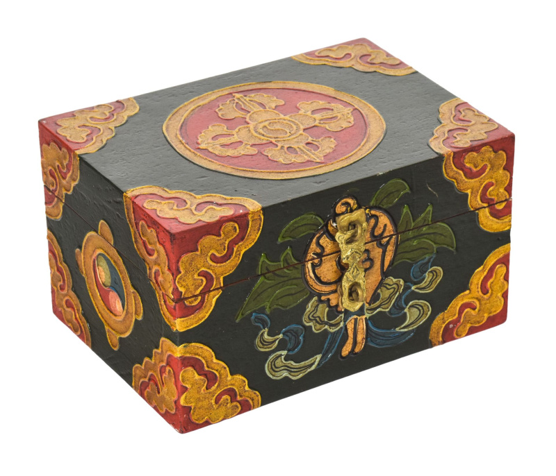 Sanu Babu Dřevěná šperkovnice ručně malovaná, buddhistické motivy, 17x11x10cm