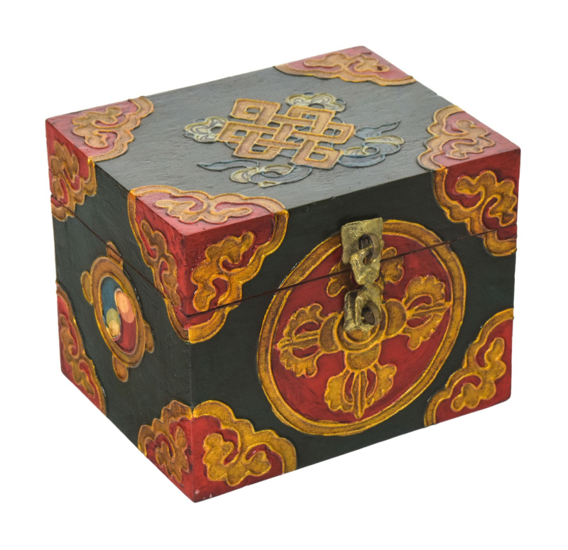Sanu Babu Dřevěná šperkovnice ručně malovaná, buddhistické motivy, 14x10x10cm