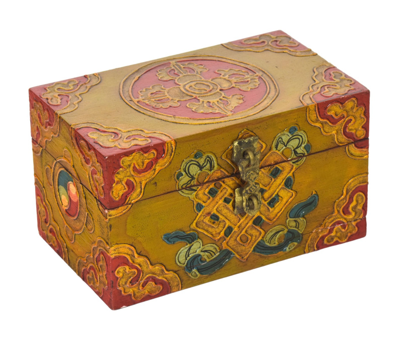 Sanu Babu Dřevěná šperkovnice ručně malovaná, buddhistické motivy, 15x9x10cm