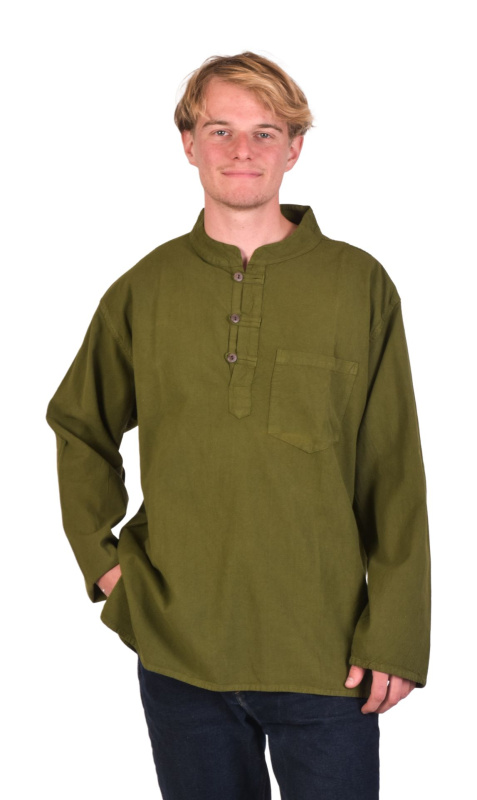 Sanu Babu Khaki zelená pánská košile-kurta s dlouhým rukávem a kapsičkou, 3 knoflíky (FA) L , Zelená