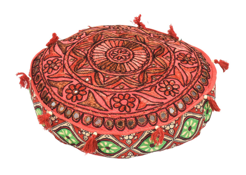Sanu Babu Meditační polštář, ručně vyšívaný Gujarat Design, kulatý, 40x12cm (AK)