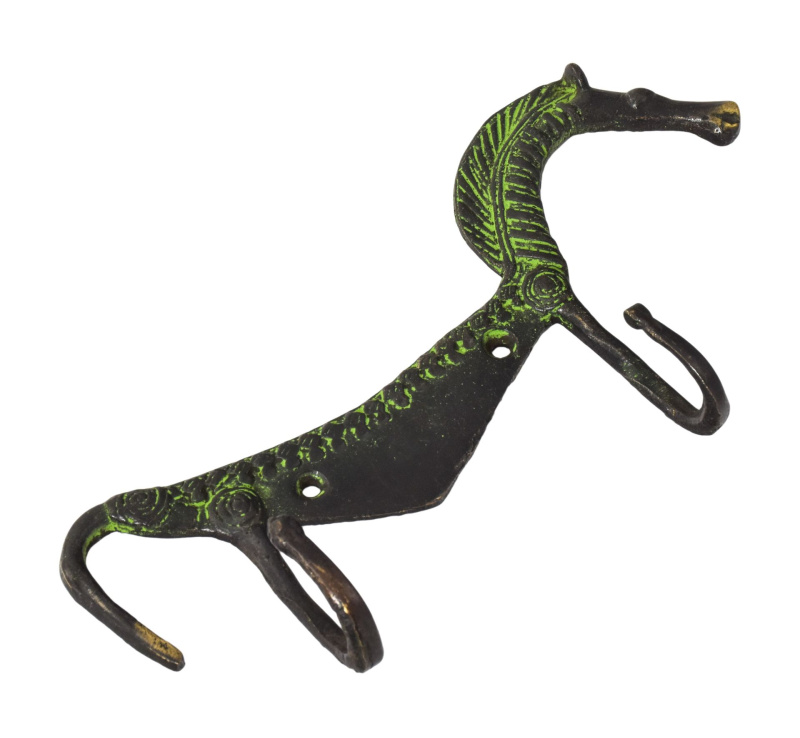 Sanu Babu Věšák, kůň, mosaz, dva háčky, zelená patina, 22cm