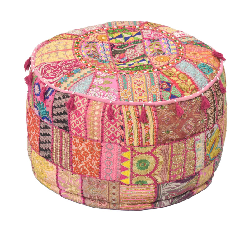 Sanu Babu Taburet z Rajasthanu s bohatou Ari výšivkou, průměr 53cm výška 40cm patchwork (CB)