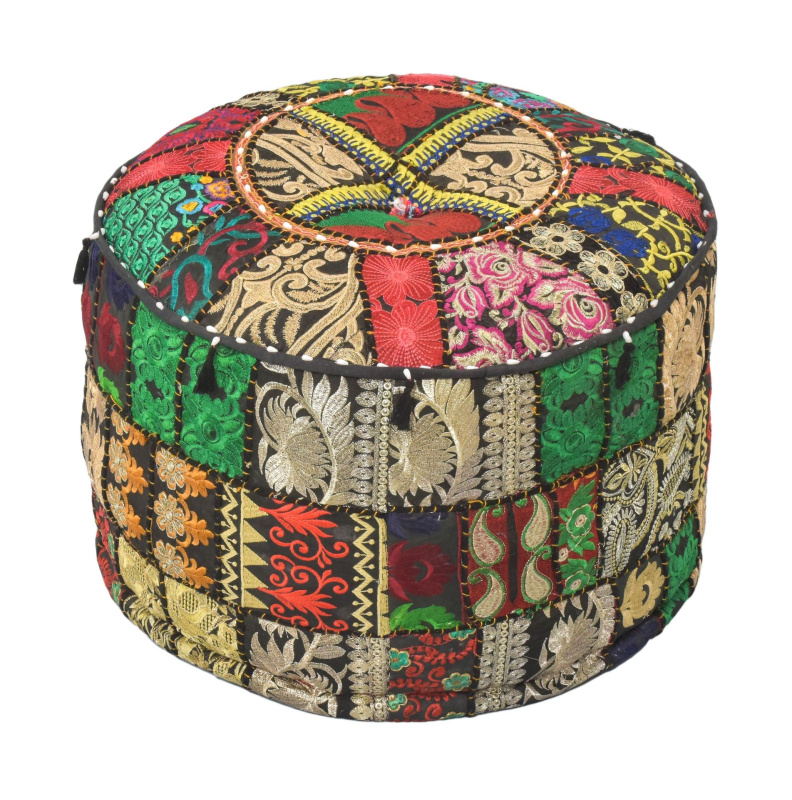 Sanu Babu Taburet z Rajasthanu s bohatou Ari výšivkou, průměr 53cm výška 40cm patchwork (CM)