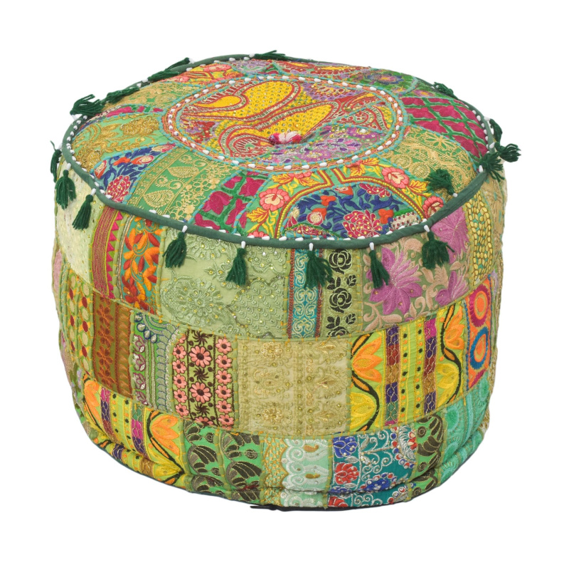 Sanu Babu Taburet z Rajasthanu s bohatou Ari výšivkou, průměr 53cm výška 40cm patchwork (CN)