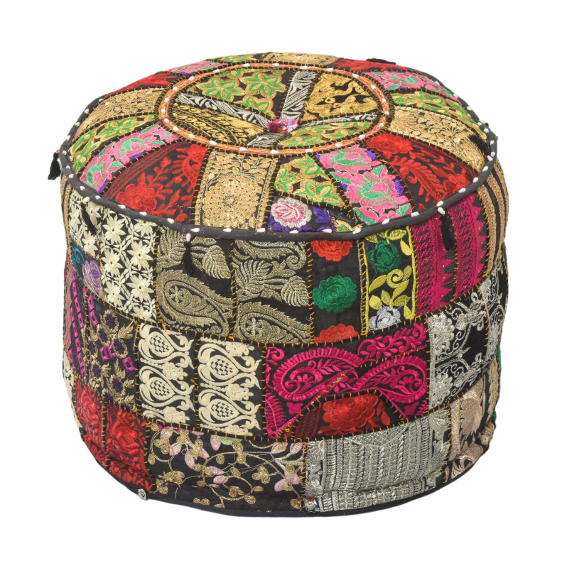 Sanu Babu Taburet z Rajasthanu s bohatou Ari výšivkou, průměr 53cm výška 40cm patchwork (CP)